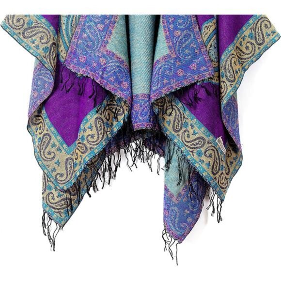 Women's Retro Style Vintage Pattern Tassel Poncho Shawl Cape Wraps - Picture 5 of 7